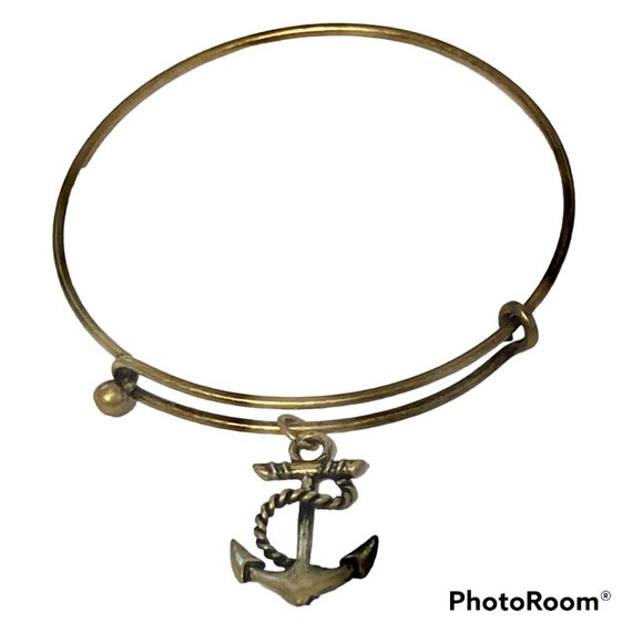Nautical Anchor Charm Bracelet Beach Island Bangle Stackable Gold Brass Tone 8" - Picture 1 of 12